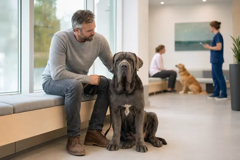 Ein Mastino Napoletano sitzt ruhig neben seinem Besitzer im hellen Wartezimmer einer modernen Tierarztpraxis.